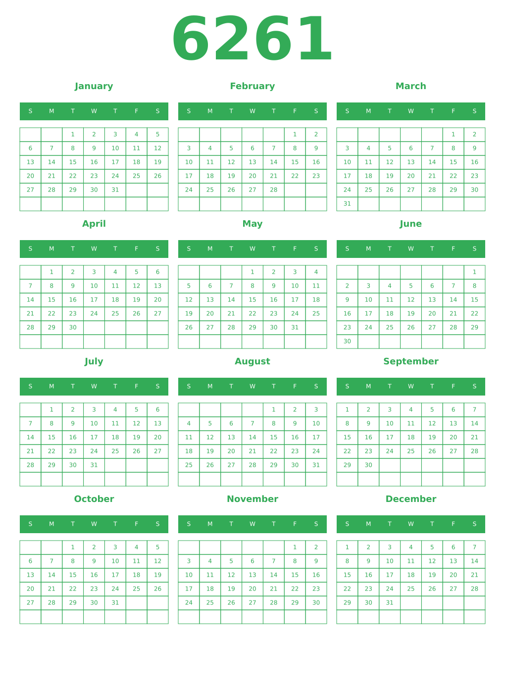 Printable 6261 Year Calendars green