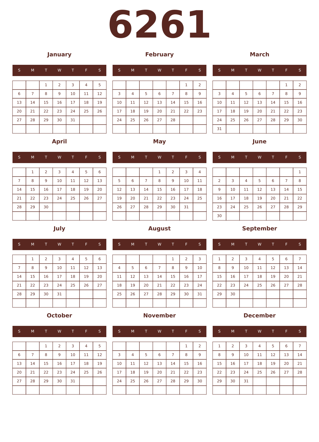 Printable 6261 Year Calendars mortuum