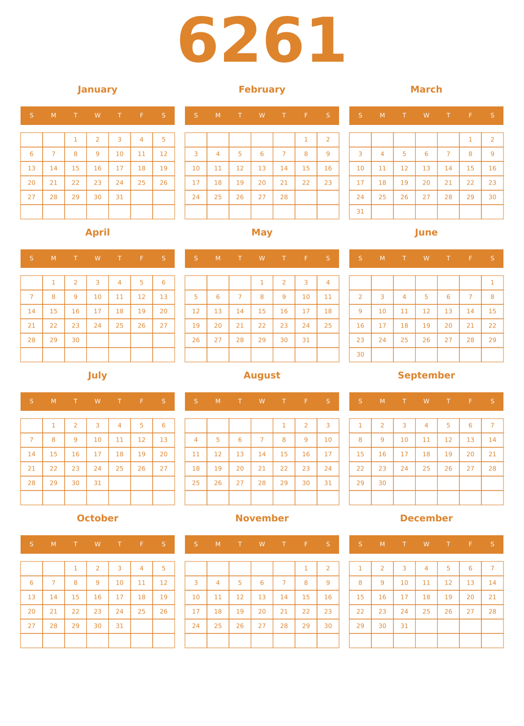 Printable 6261 Year Calendars orange