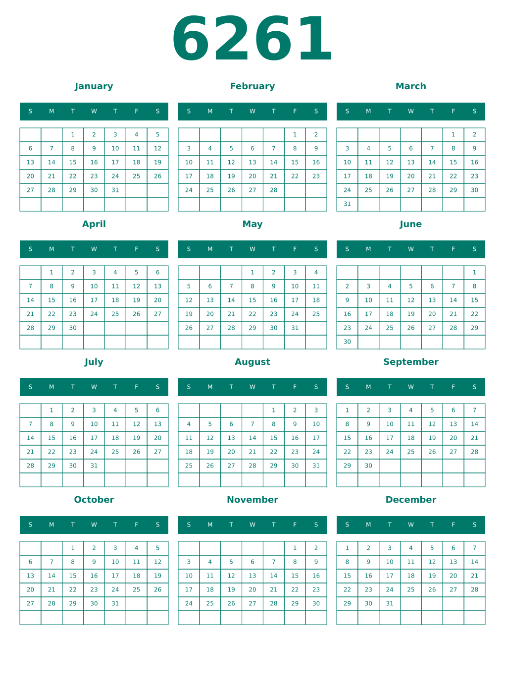 Printable 6261 Year Calendars pastel