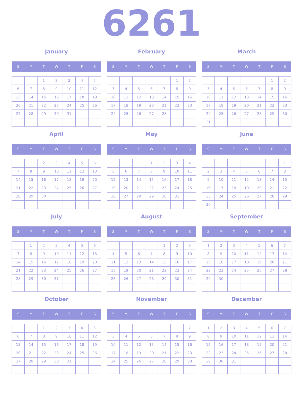 Printable 6261 Year Calendars periwinkle