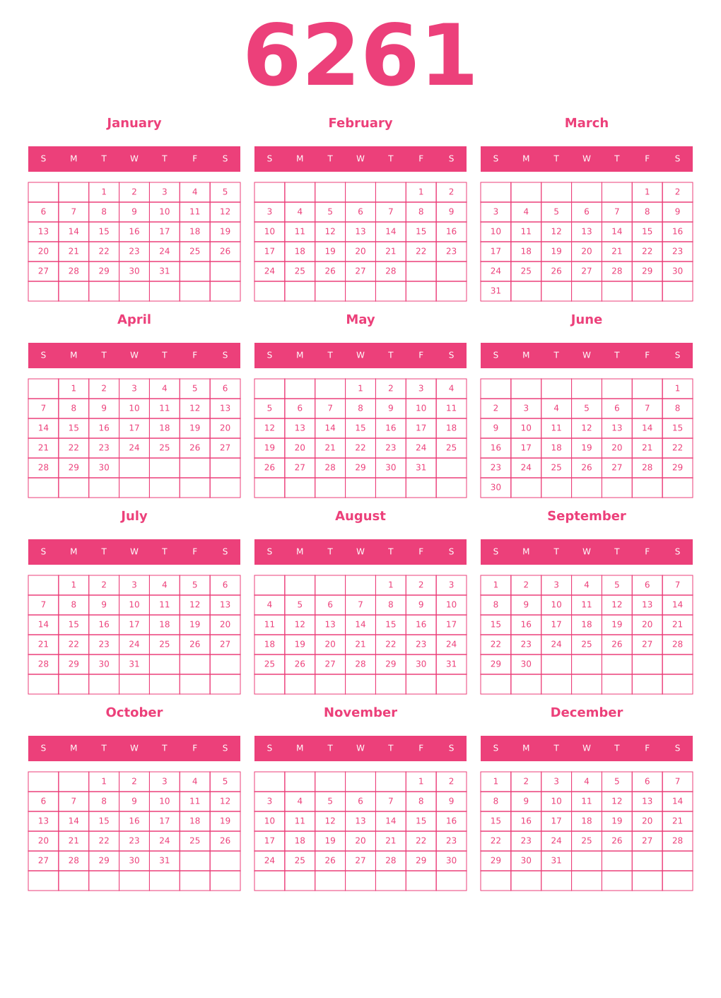Printable 6261 Year Calendars pink