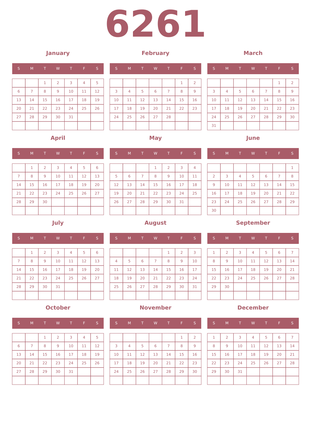 Printable 6261 Year Calendars puce