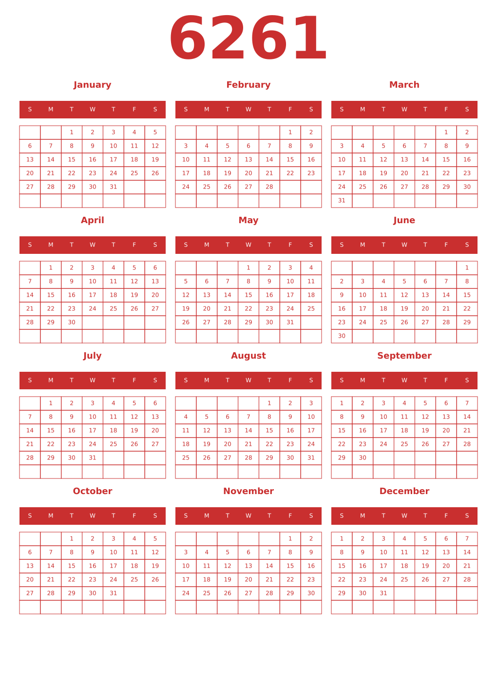 Printable 6261 Year Calendars red