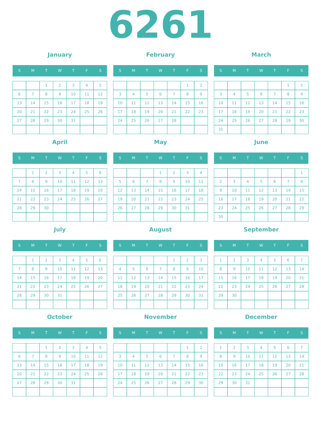 Printable 6261 Year Calendars verdigris