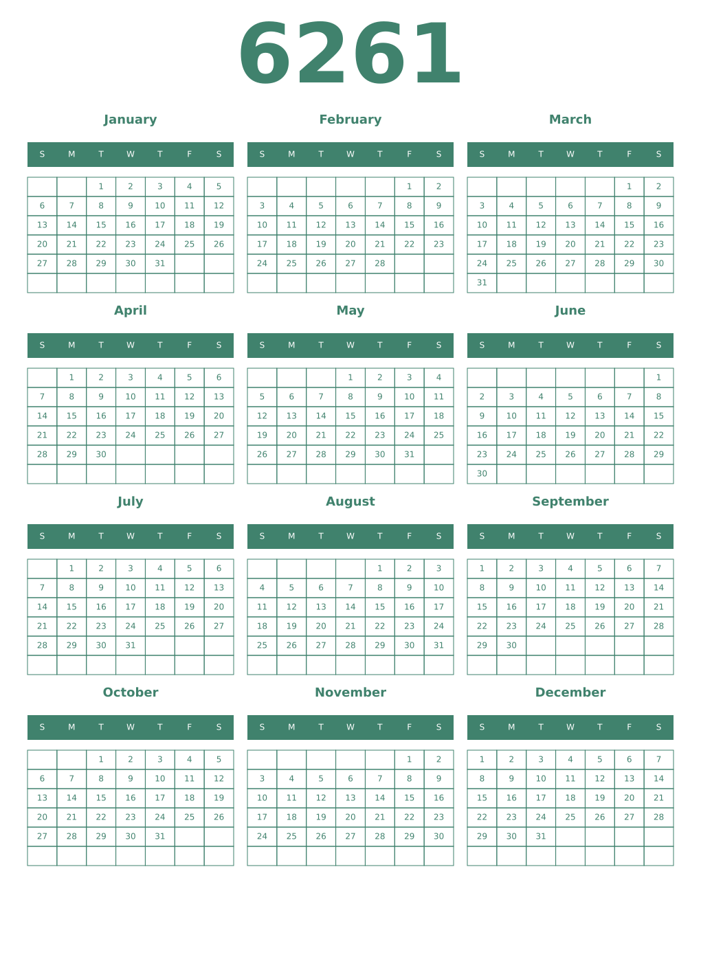 Printable 6261 Year Calendars viridian