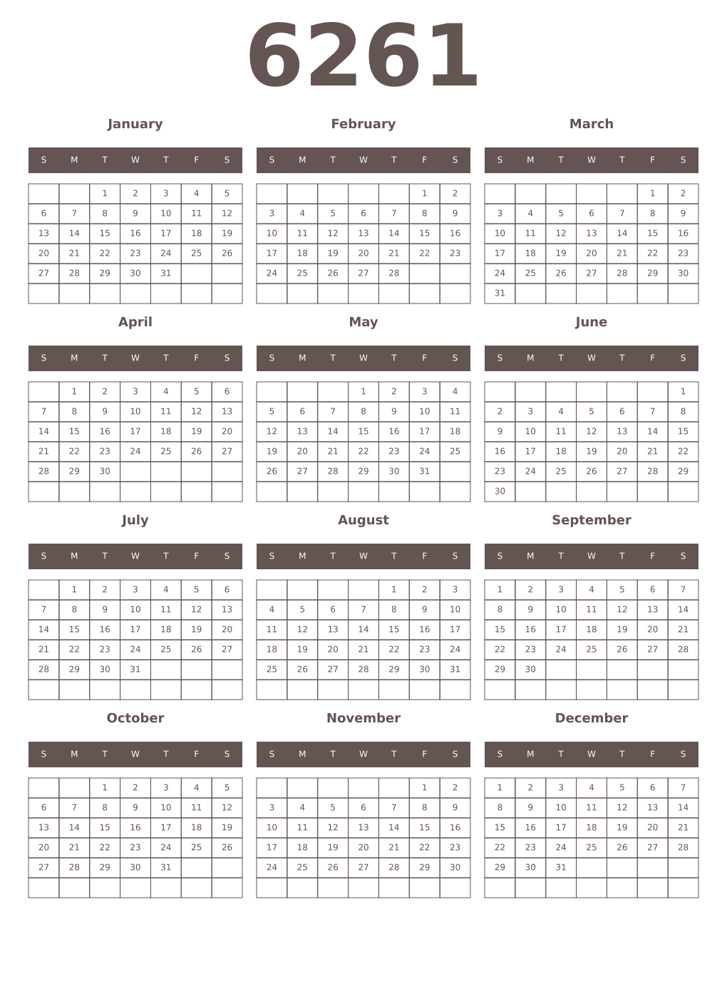 Printable 6261 Year Calendars wenge