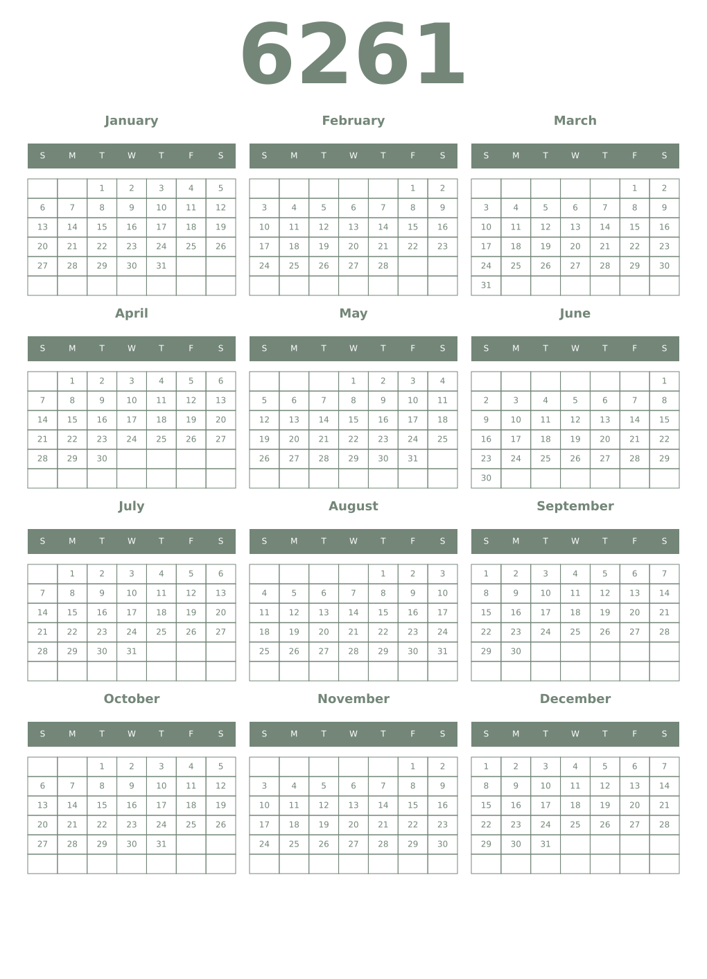 Printable 6261 Year Calendars xanadu