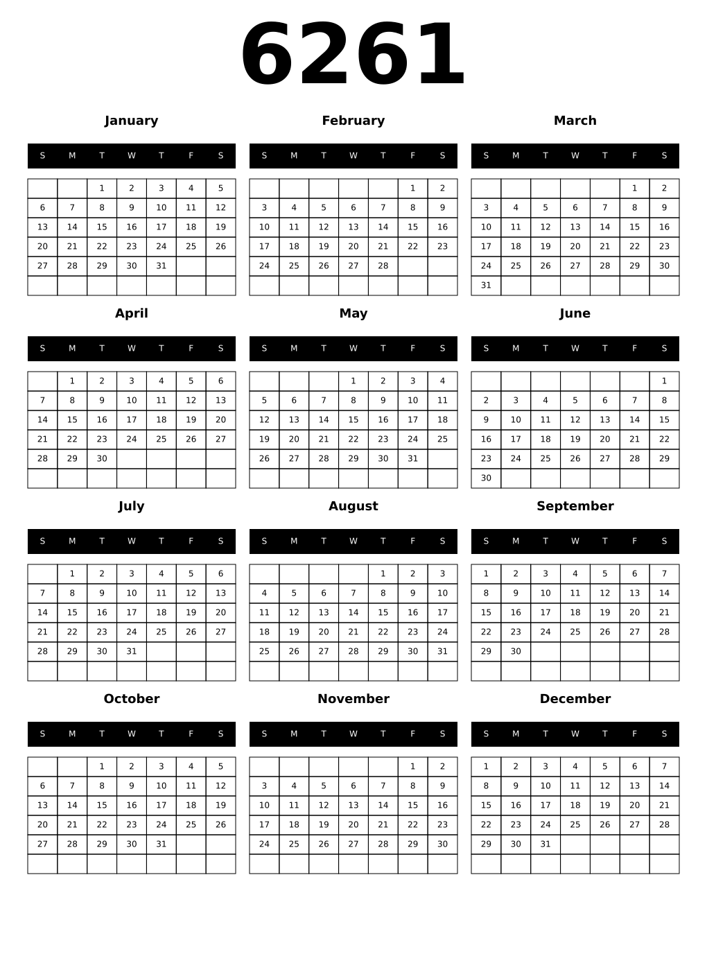 Printable 6261 Calendars