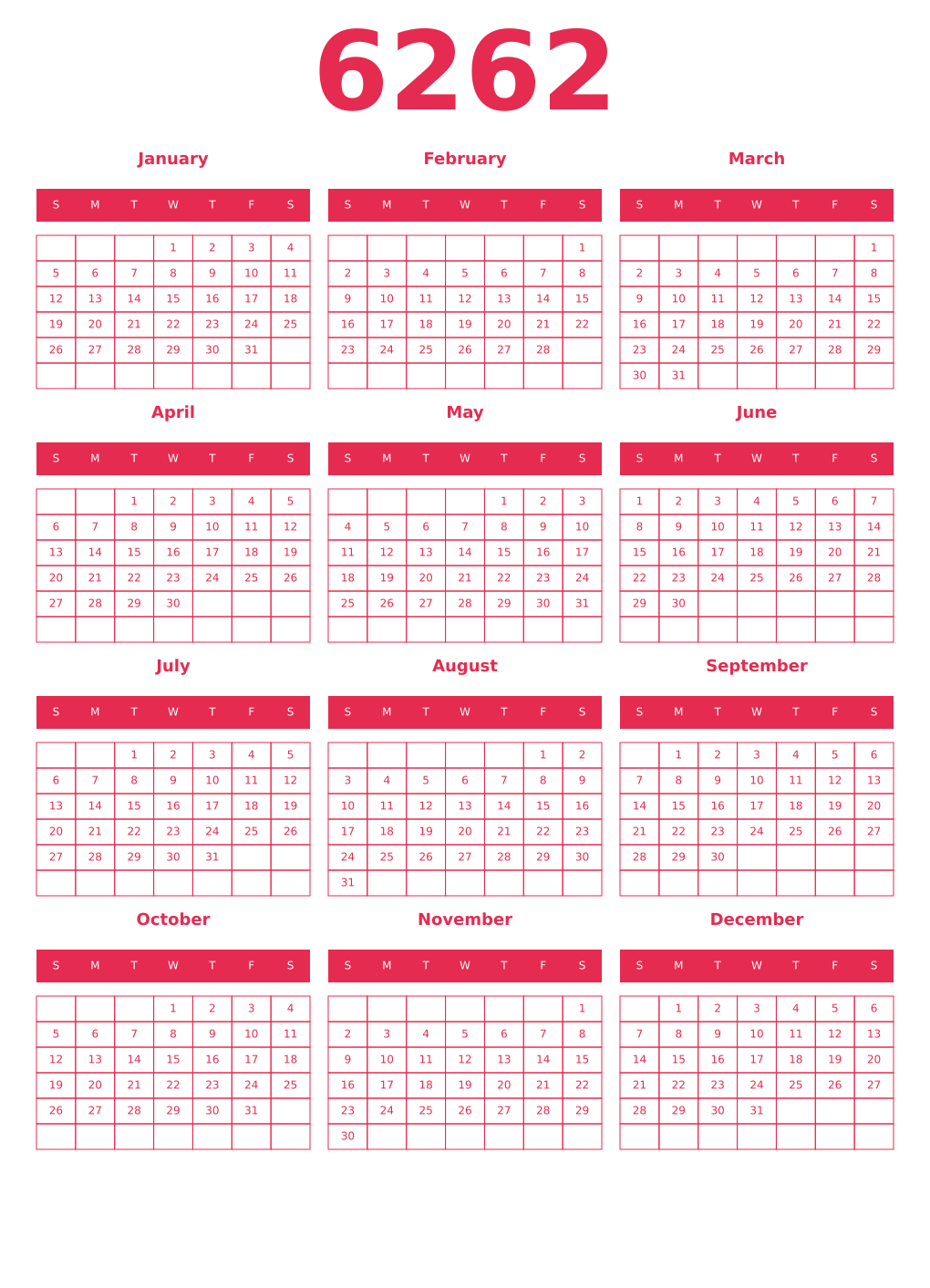 Printable 6262 Year Calendars amaranth