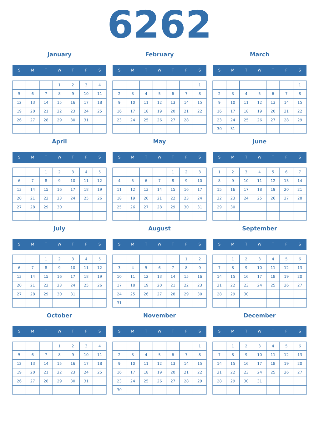 Printable 6262 Year Calendars blue