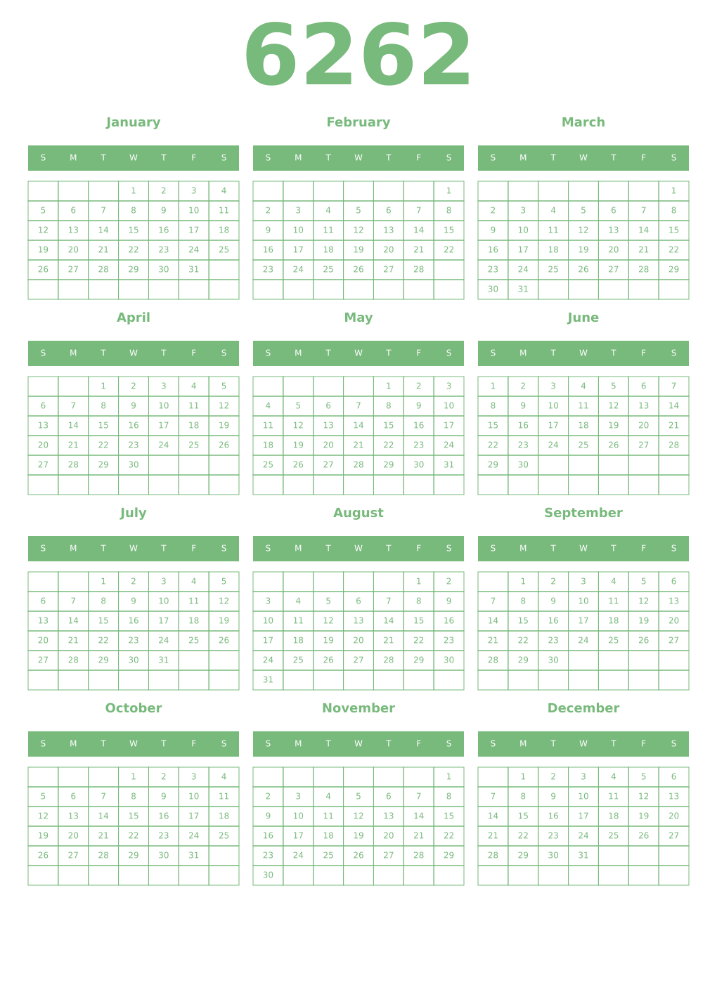 Printable 6262 Year Calendars celadon