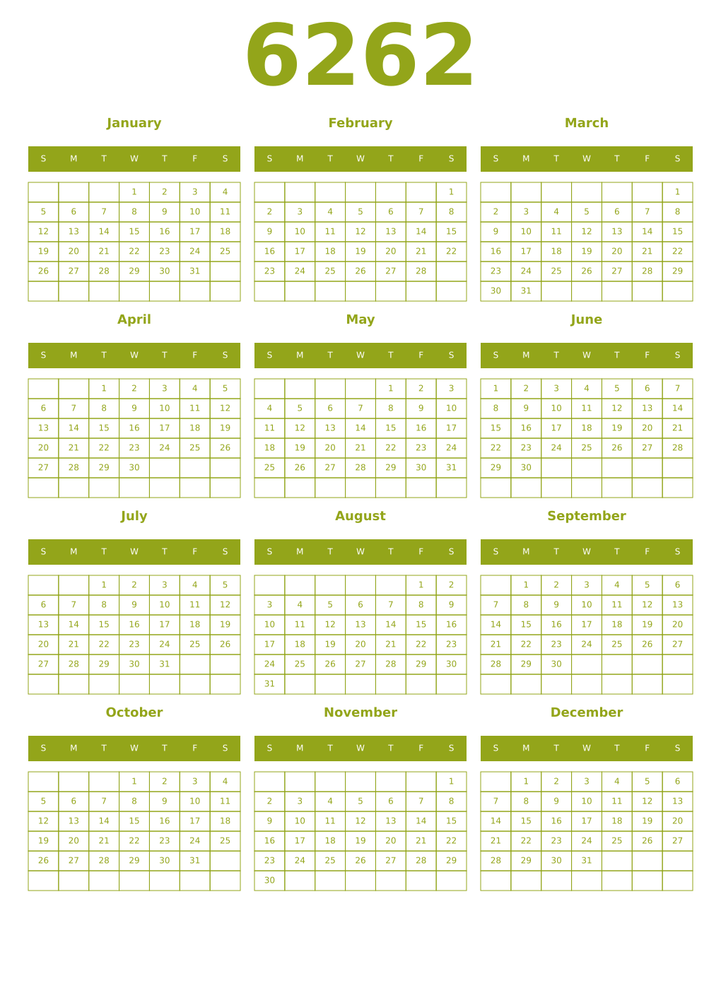 Printable 6262 Year Calendars chartreuse