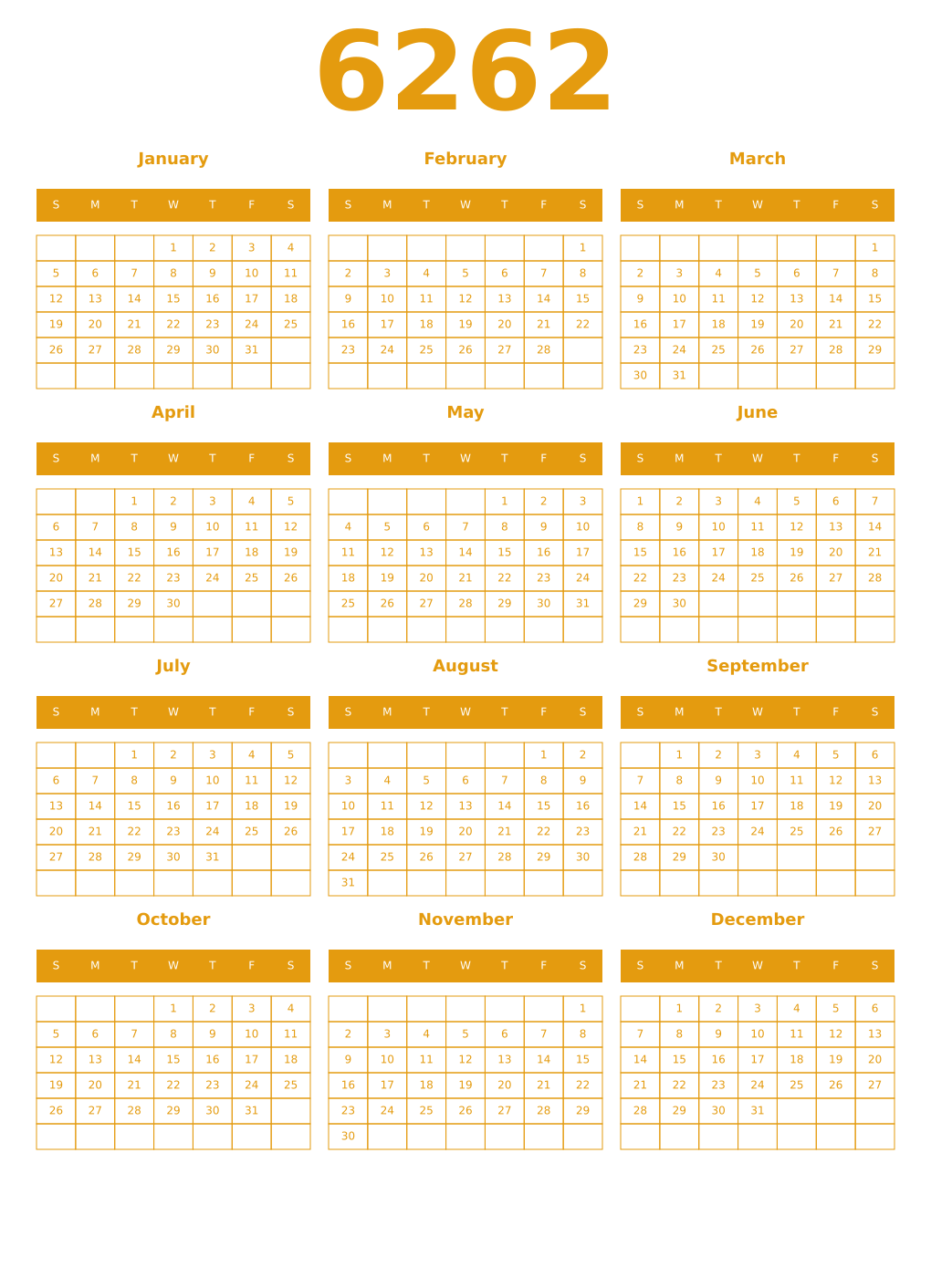 Printable 6262 Year Calendars gamboge