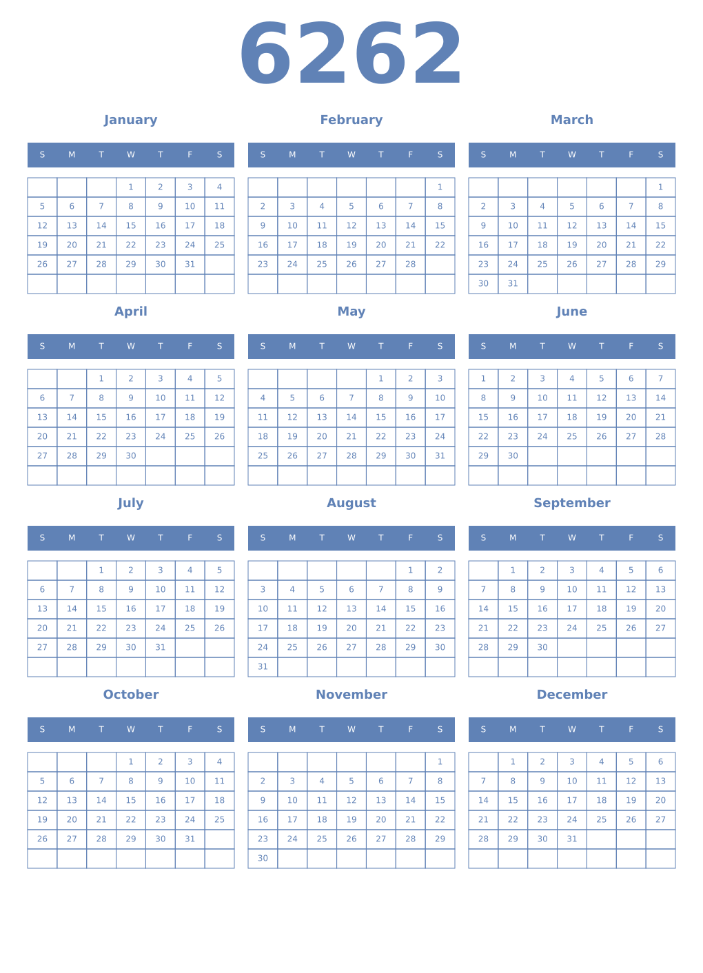 Printable 6262 Year Calendars glaucous