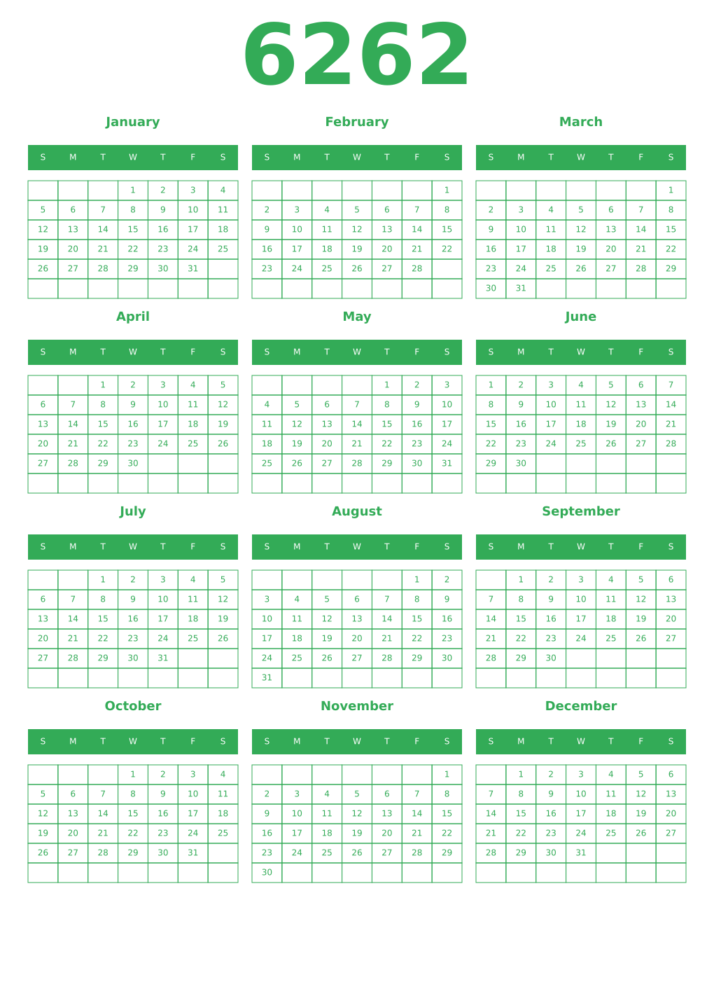 Printable 6262 Year Calendars green