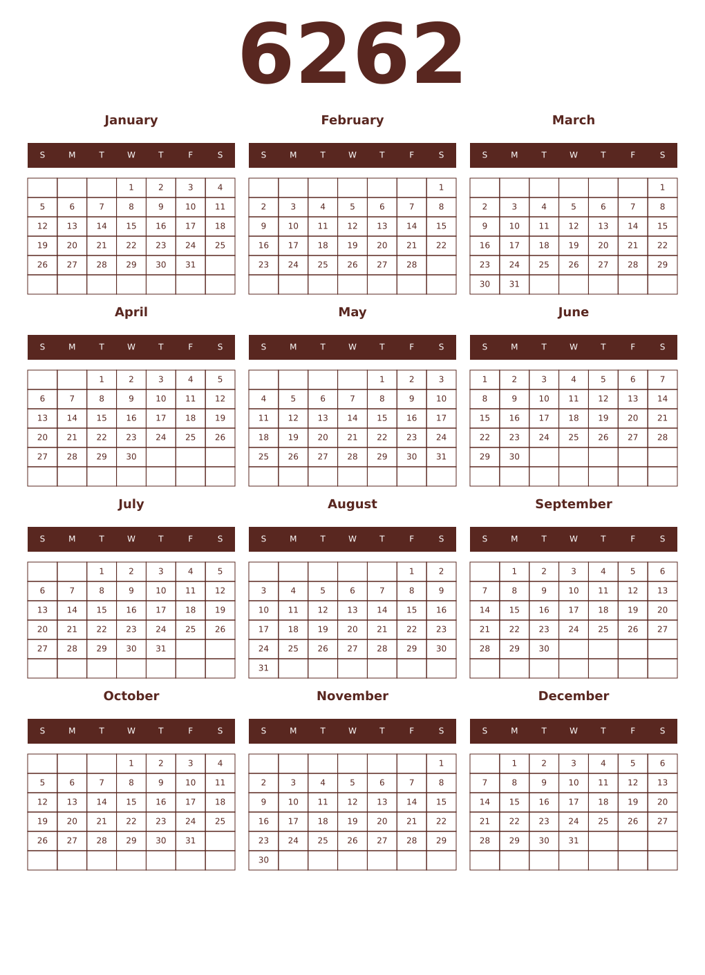 Printable 6262 Year Calendars mortuum