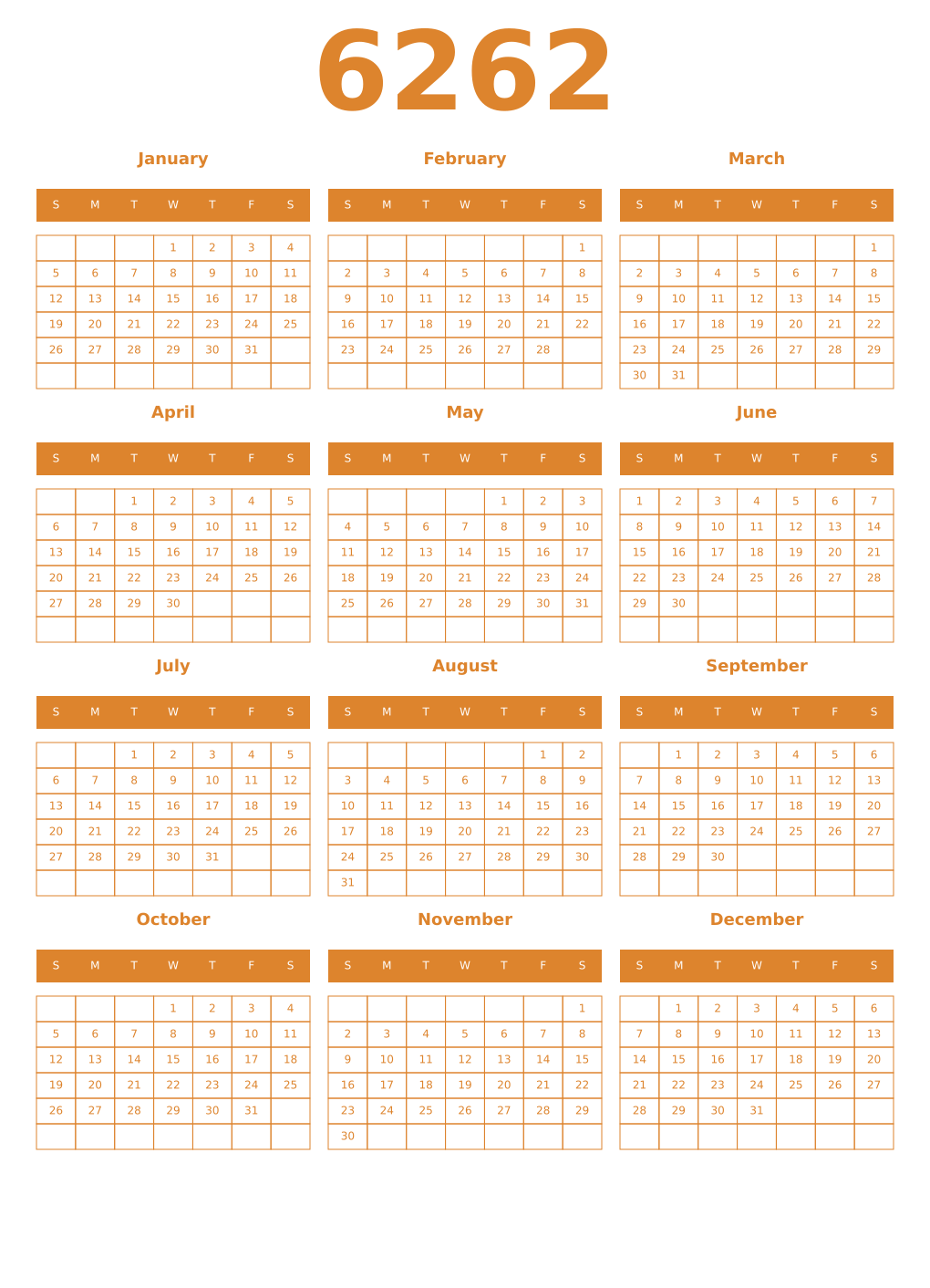 Printable 6262 Year Calendars orange