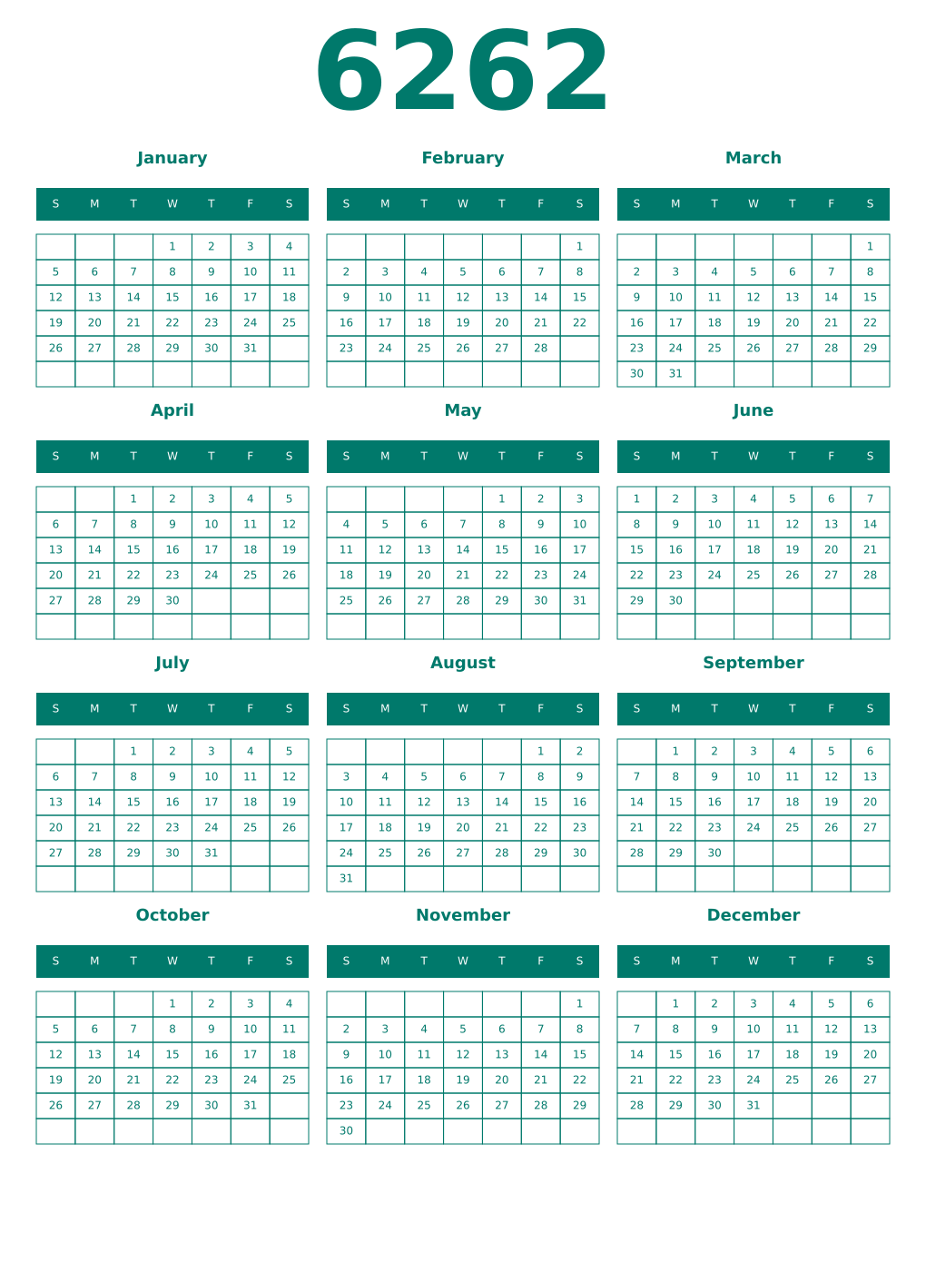 Printable 6262 Year Calendars pastel