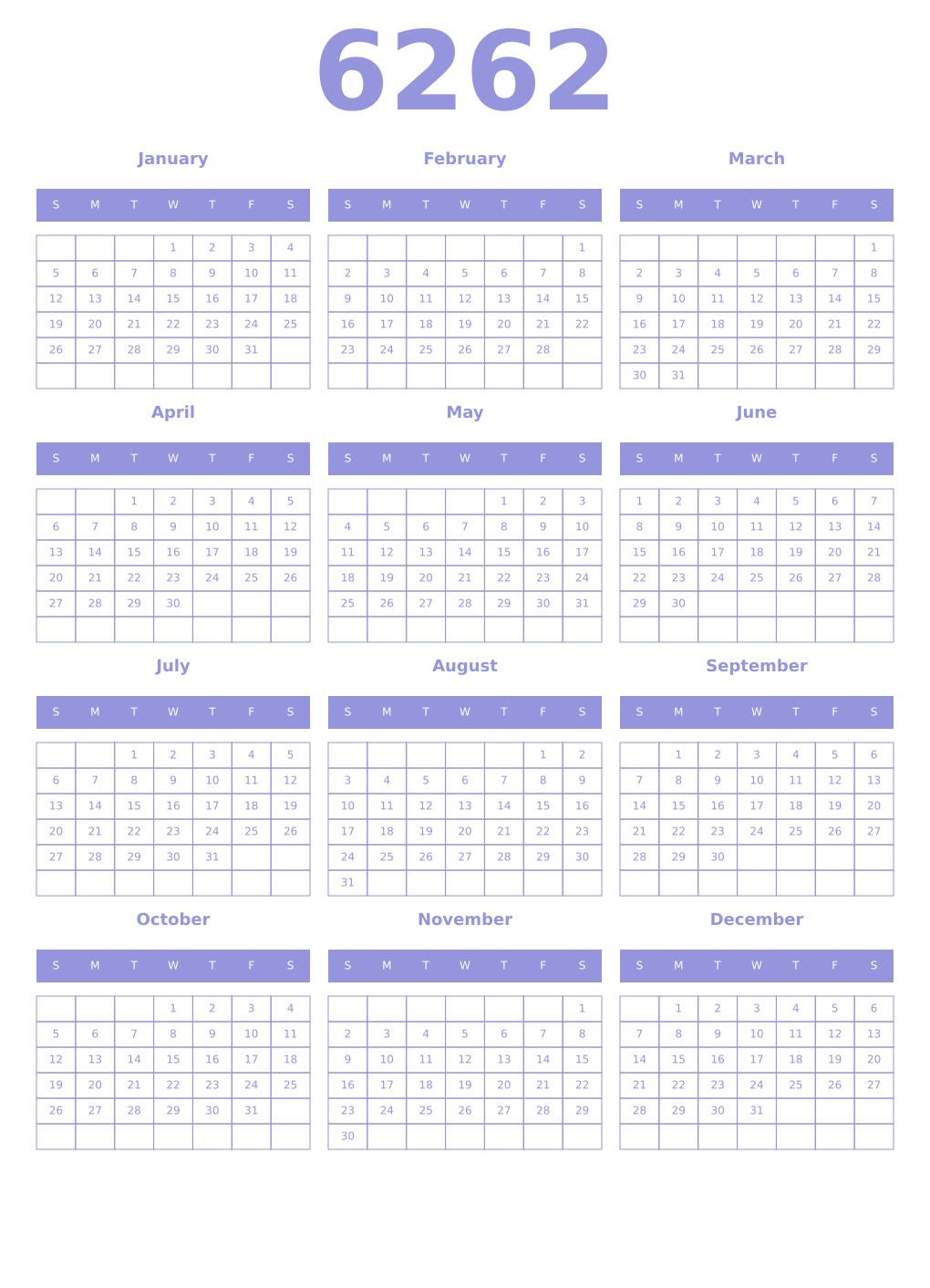 Printable 6262 Year Calendars periwinkle