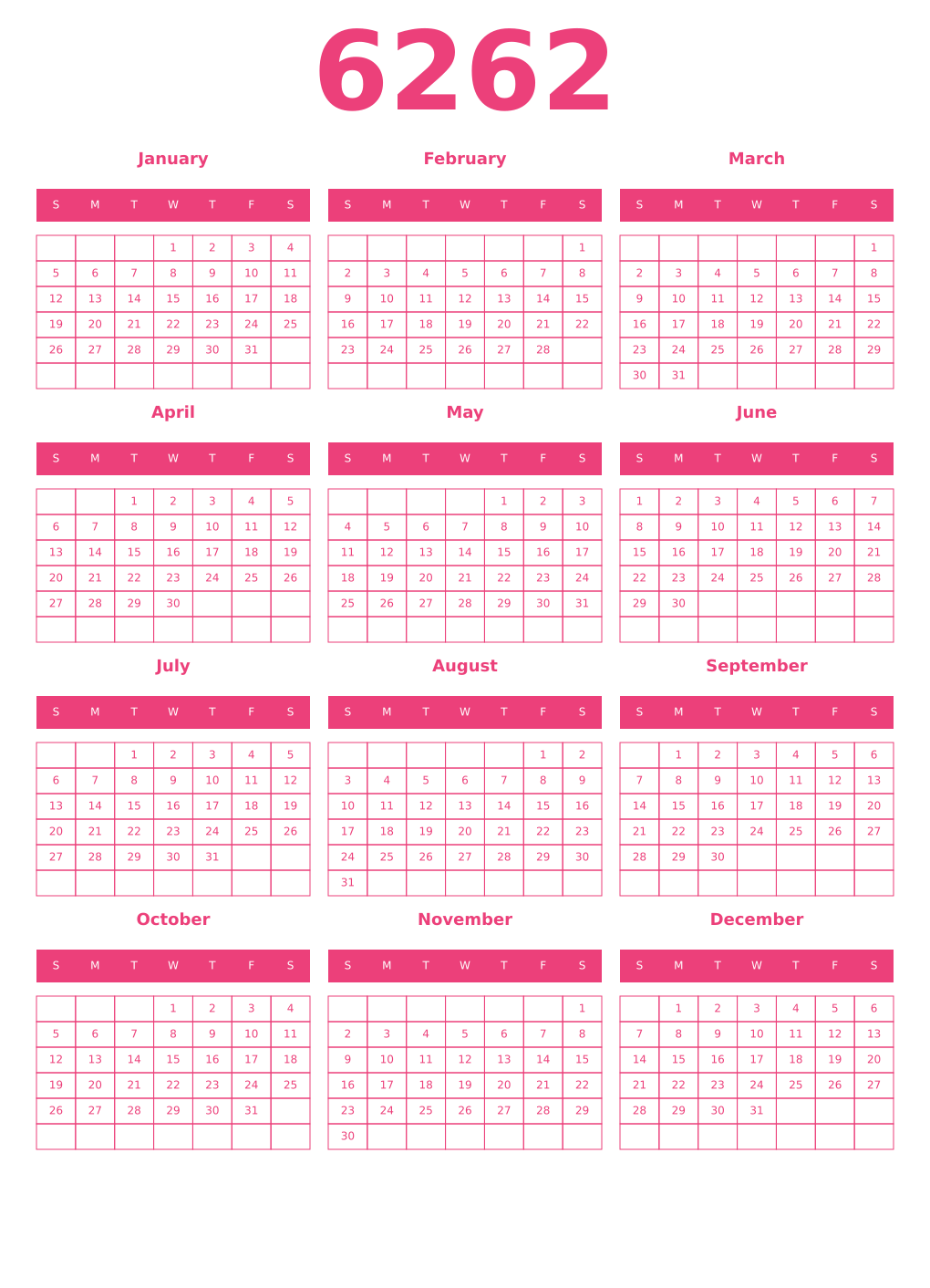 Printable 6262 Year Calendars pink