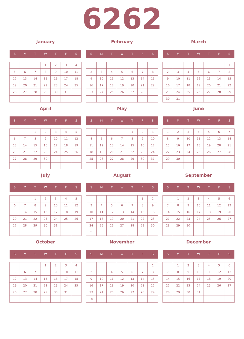 Printable 6262 Year Calendars puce