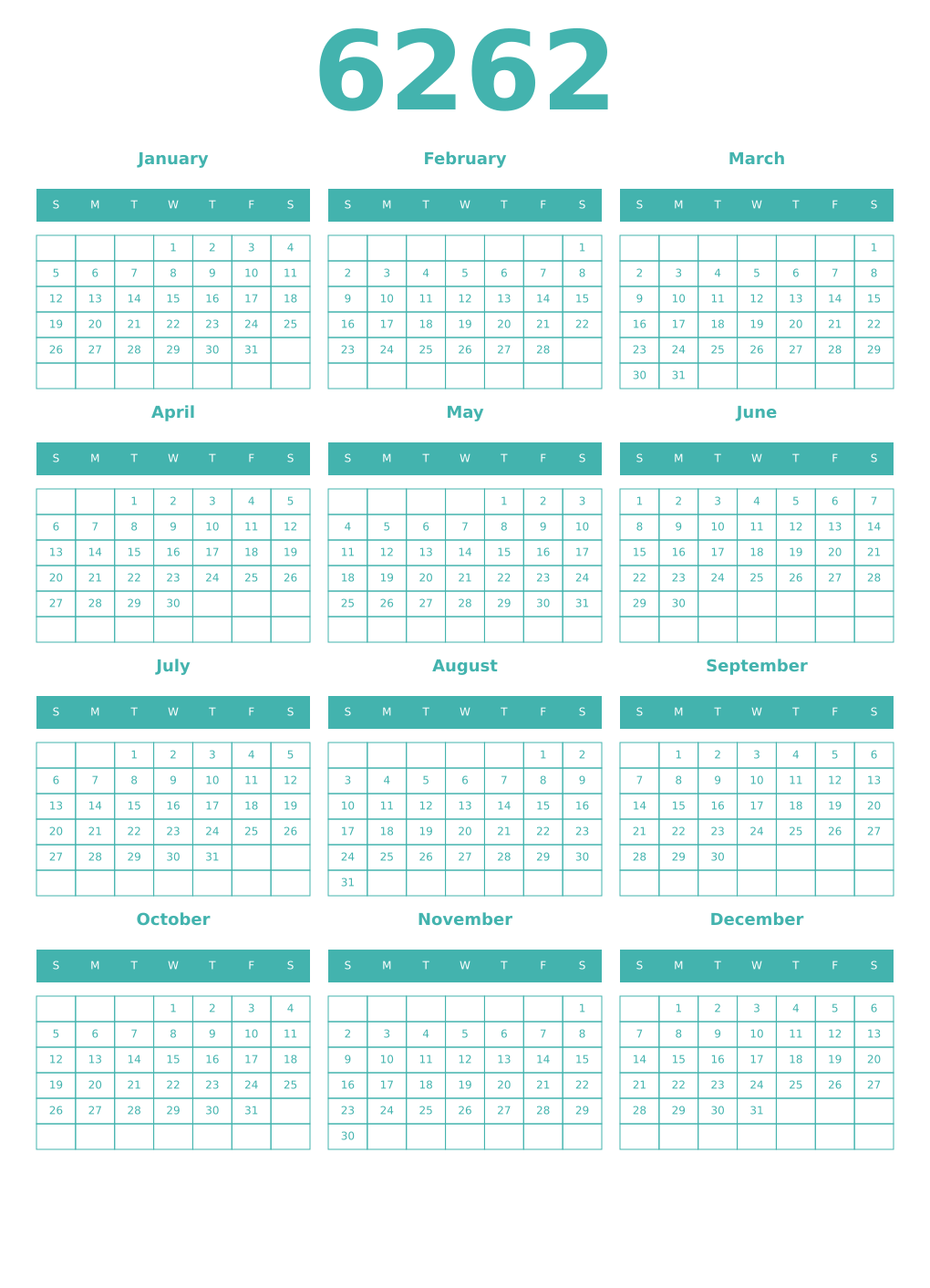 Printable 6262 Year Calendars verdigris