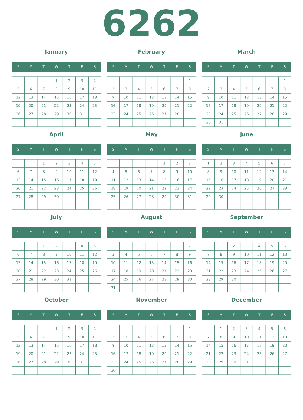 Printable 6262 Year Calendars viridian
