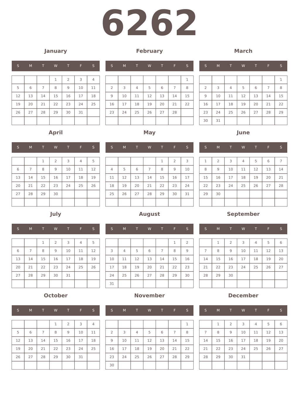 Printable 6262 Year Calendars wenge