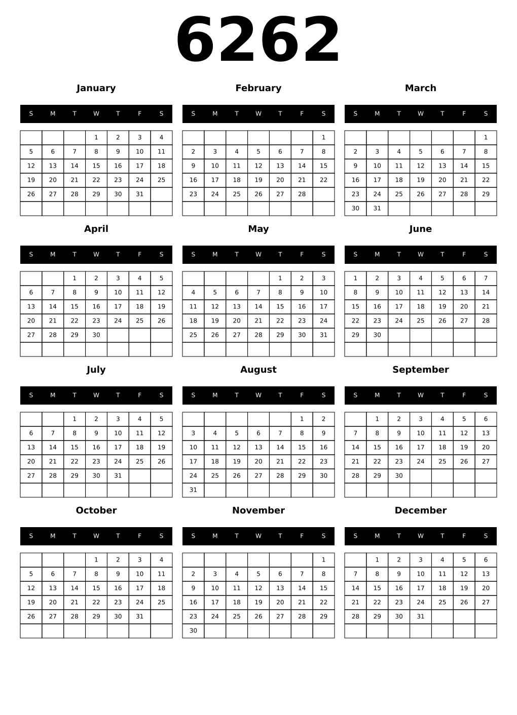 Printable 6262 Calendars