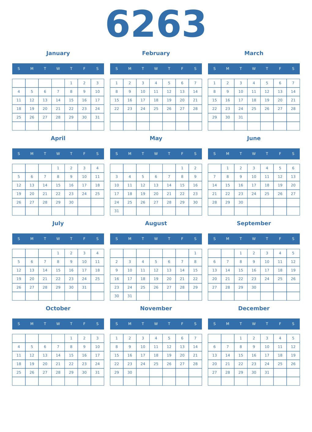 Printable 6263 Year Calendars blue