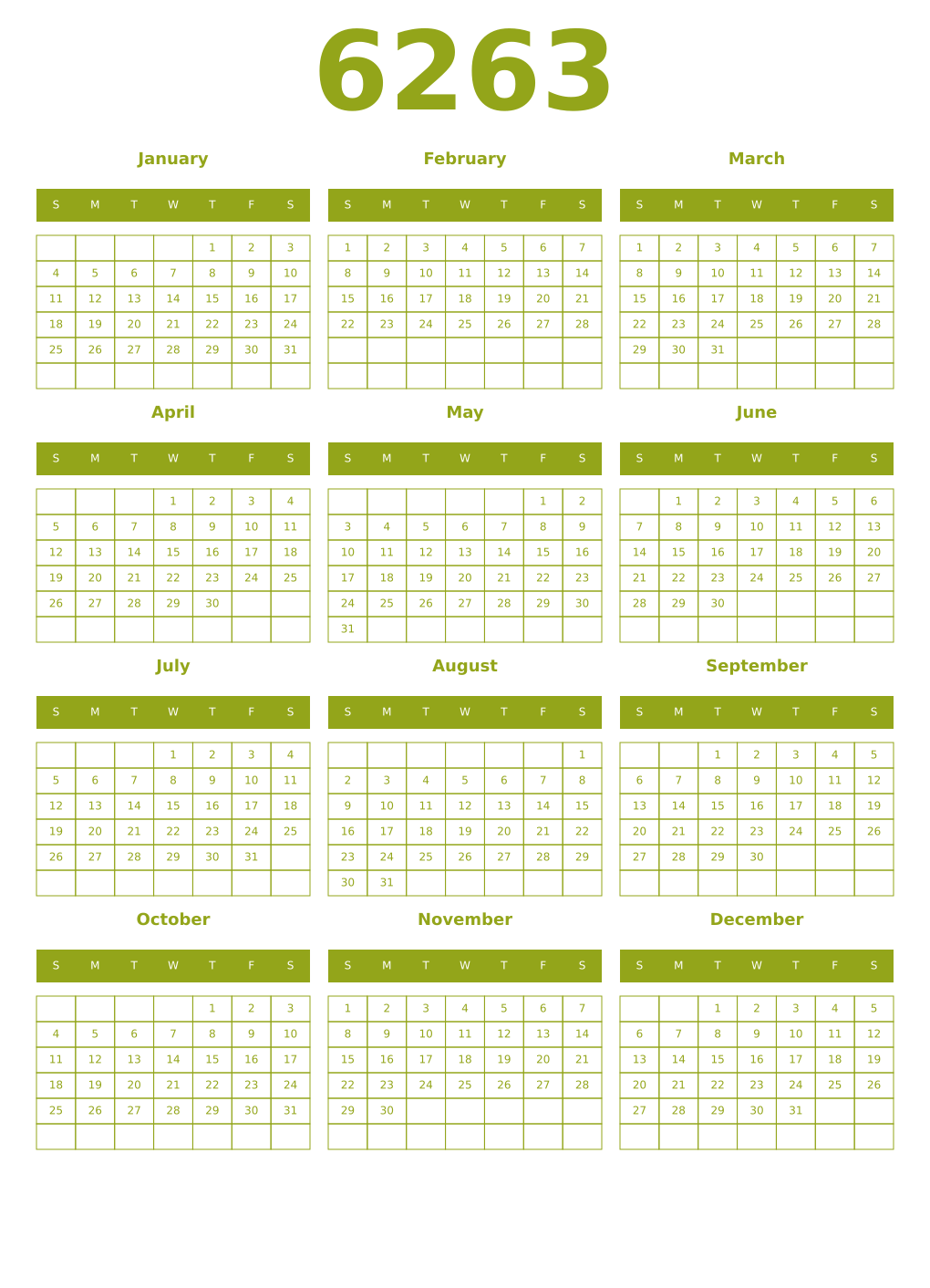 Printable 6263 Year Calendars chartreuse