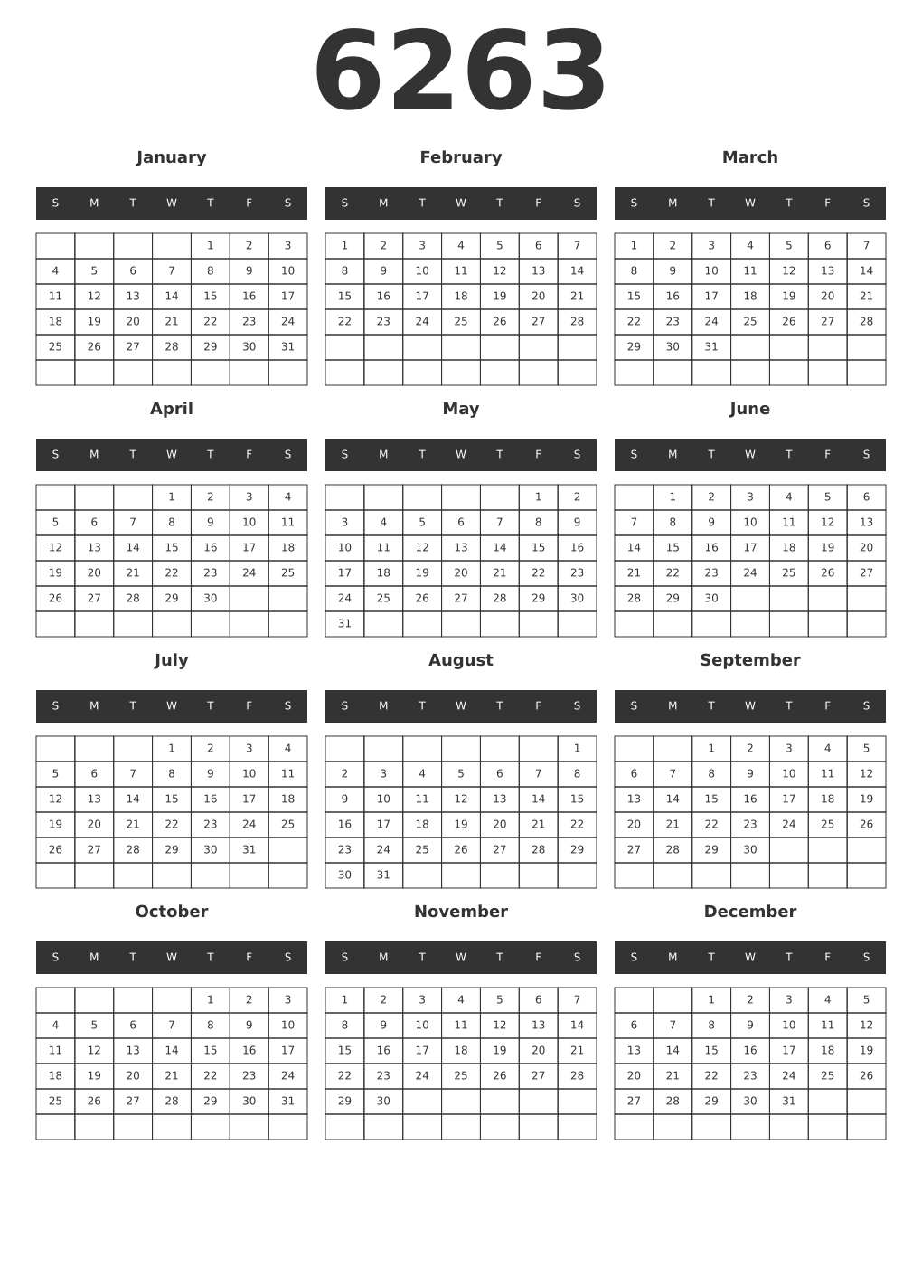 Printable 6263 Year Calendars dark