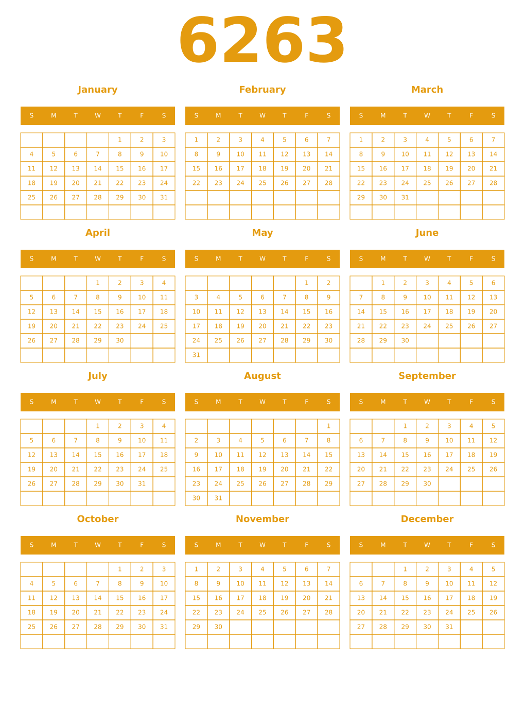 Printable 6263 Year Calendars gamboge