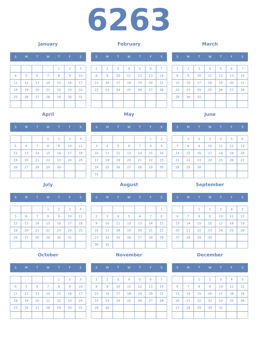Printable 6263 Year Calendars glaucous
