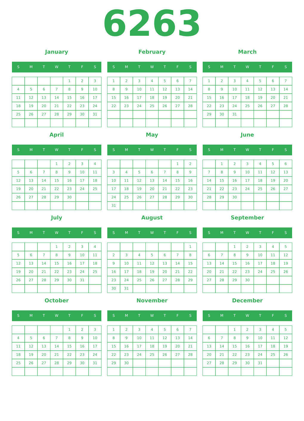 Printable 6263 Year Calendars green