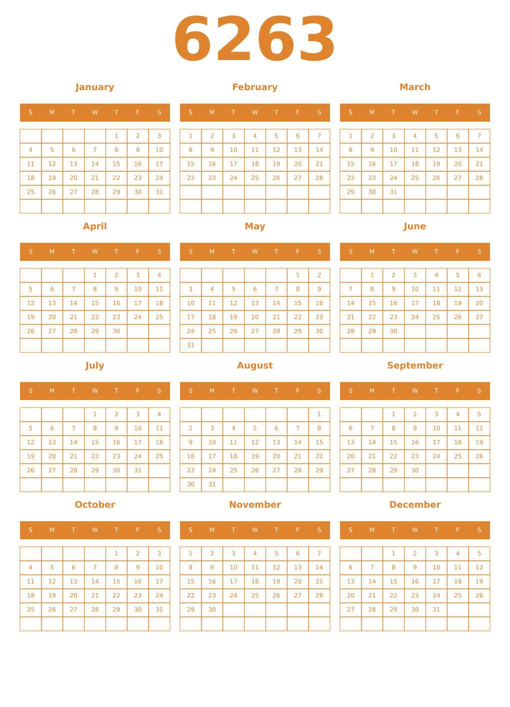 Printable 6263 Year Calendars orange