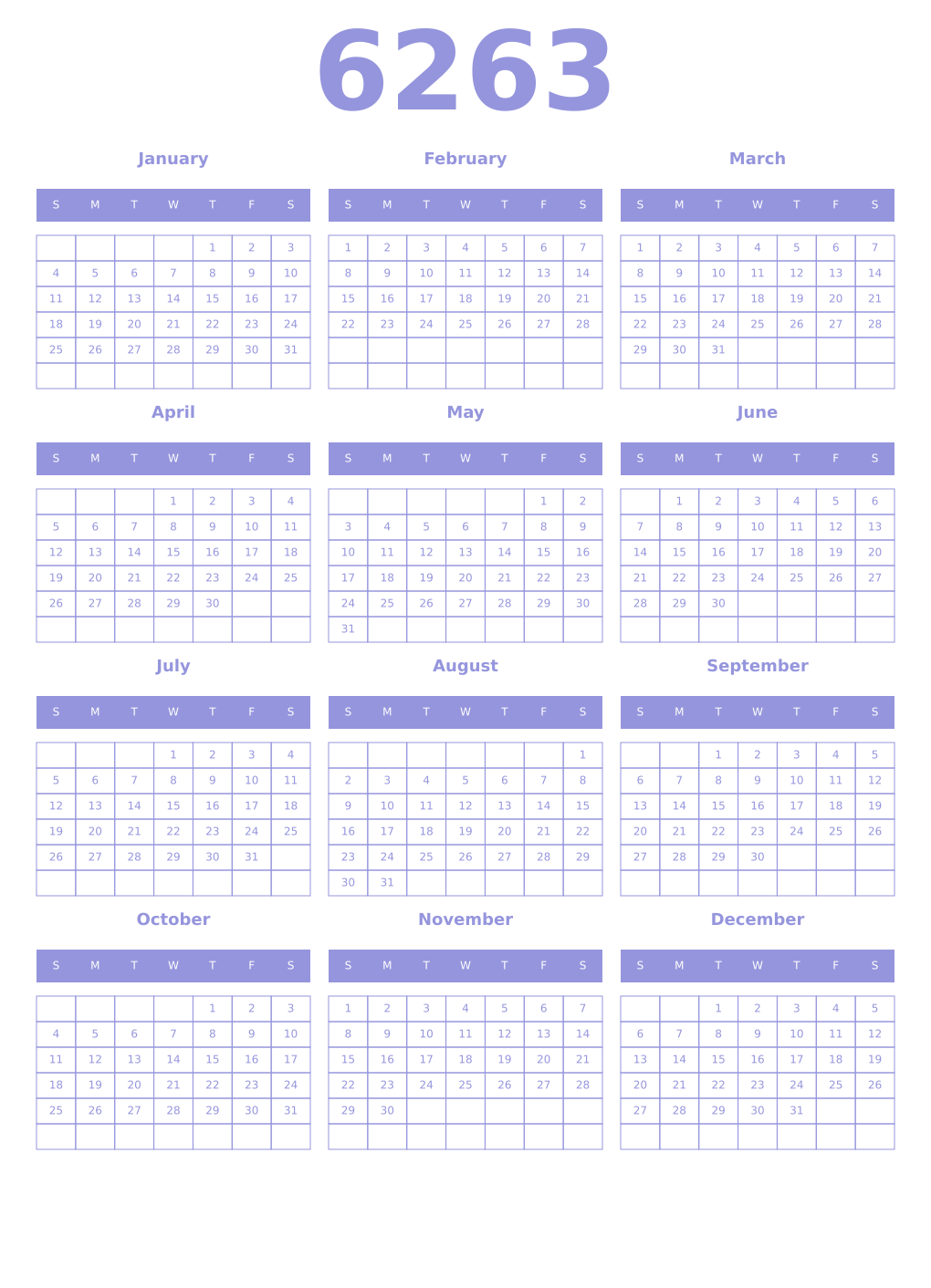 Printable 6263 Year Calendars periwinkle