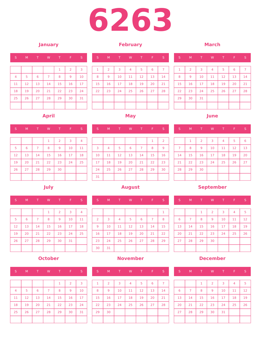 Printable 6263 Year Calendars pink