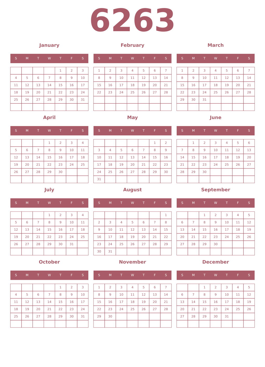 Printable 6263 Year Calendars puce