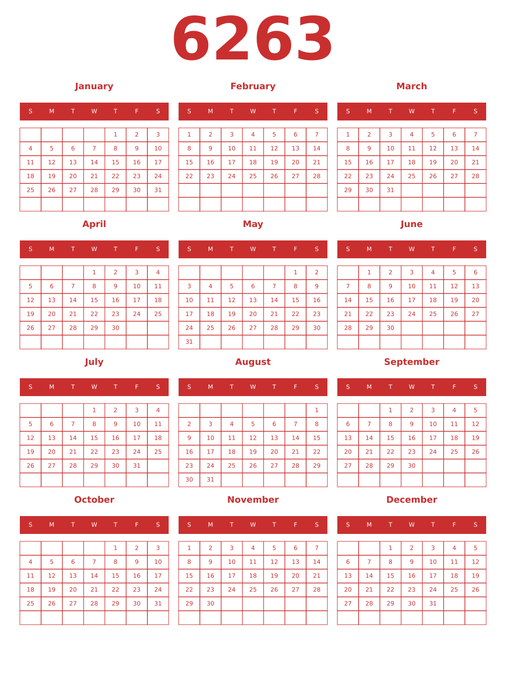 Printable 6263 Year Calendars red