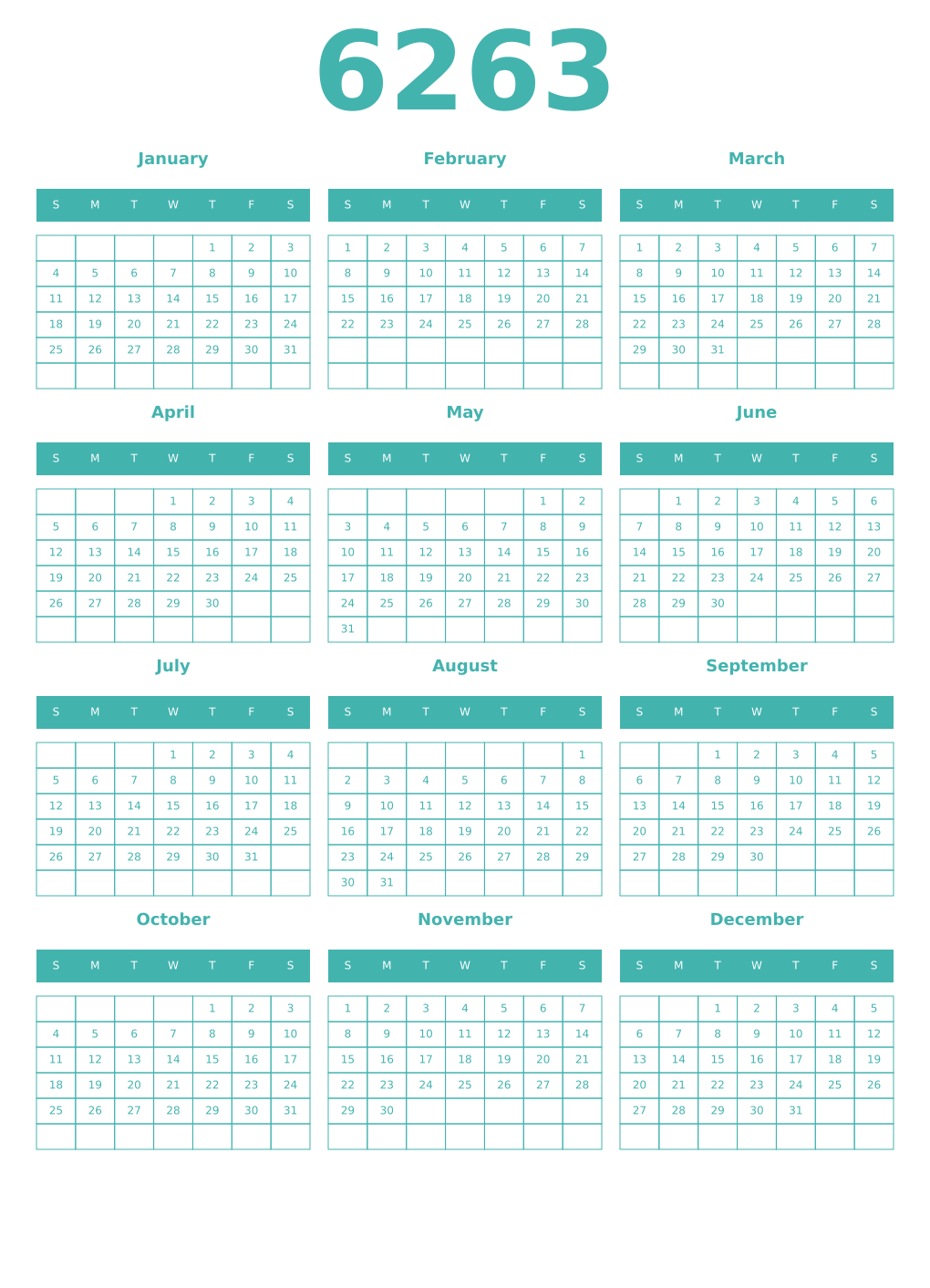 Printable 6263 Year Calendars verdigris