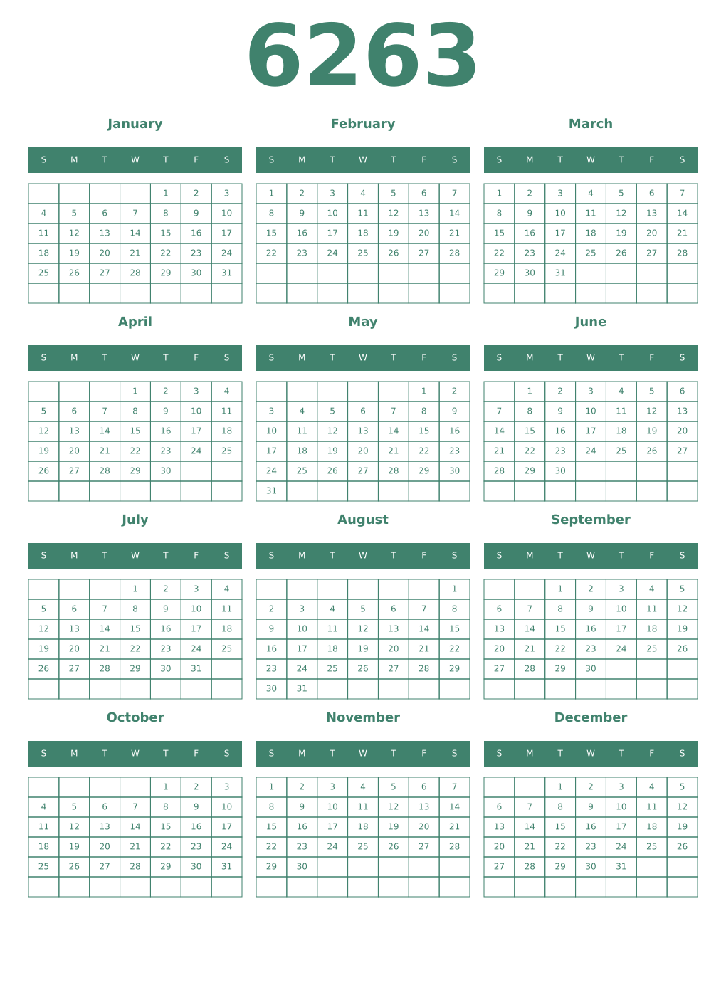 Printable 6263 Year Calendars viridian