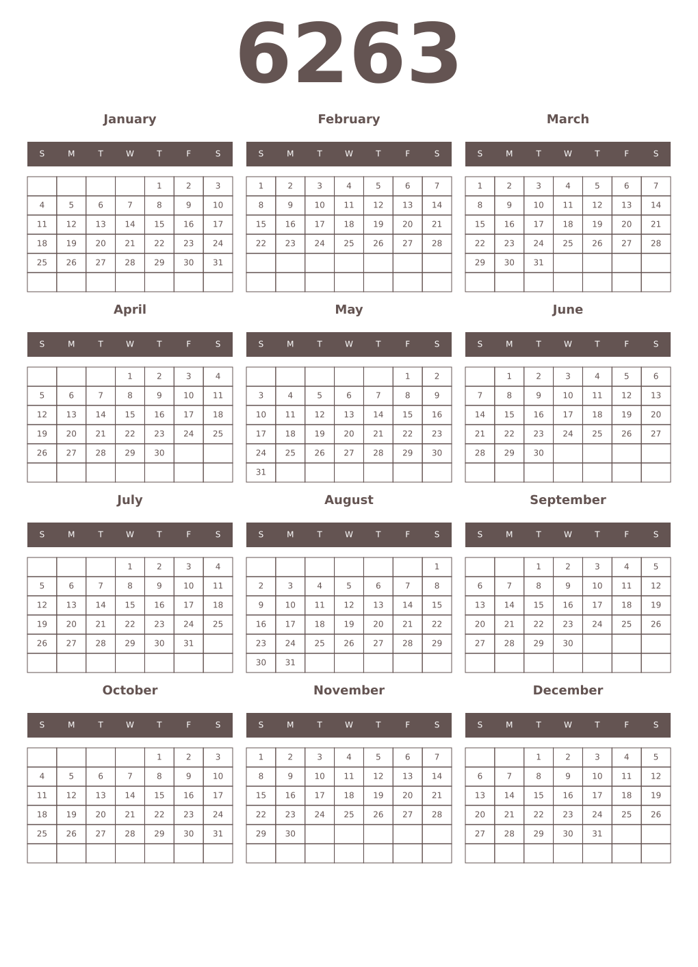 Printable 6263 Year Calendars wenge