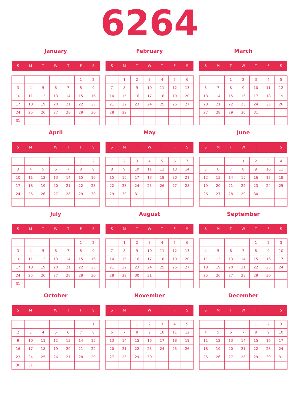 Printable 6264 Year Calendars amaranth