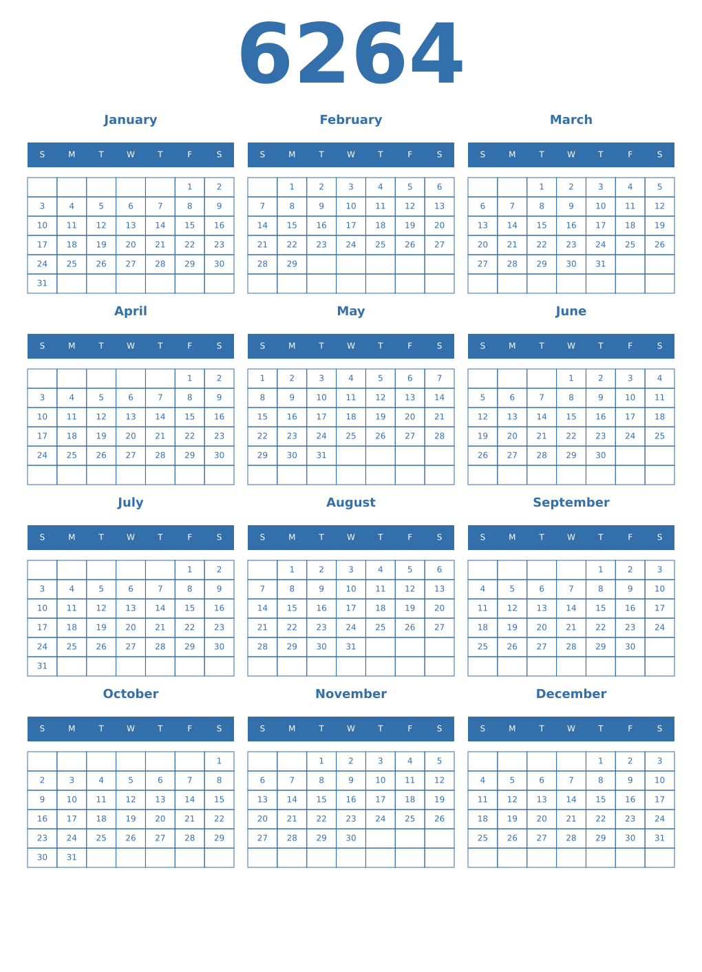 Printable 6264 Year Calendars blue