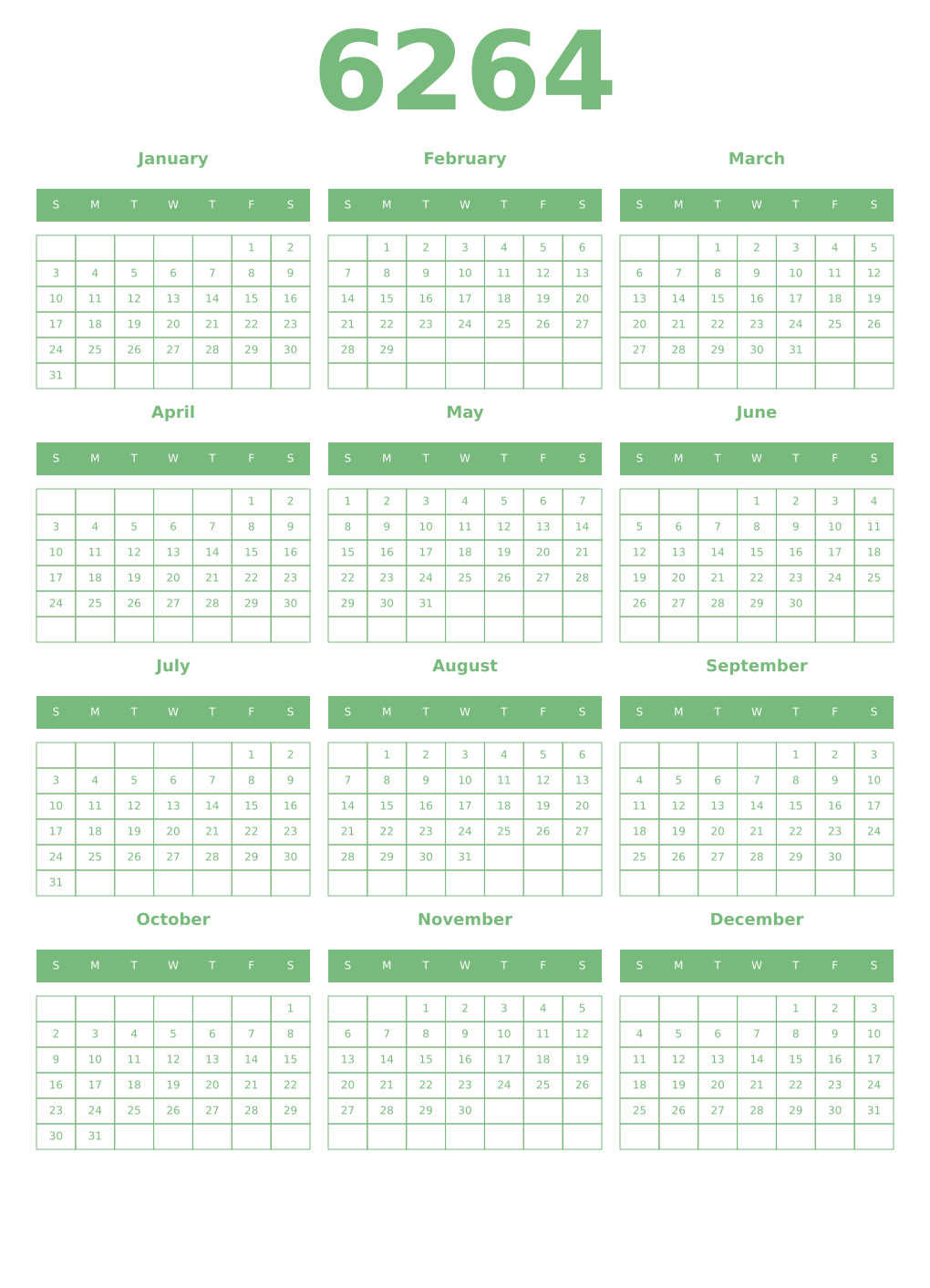 Printable 6264 Year Calendars celadon