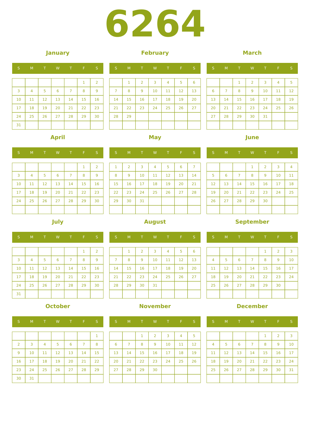 Printable 6264 Year Calendars chartreuse