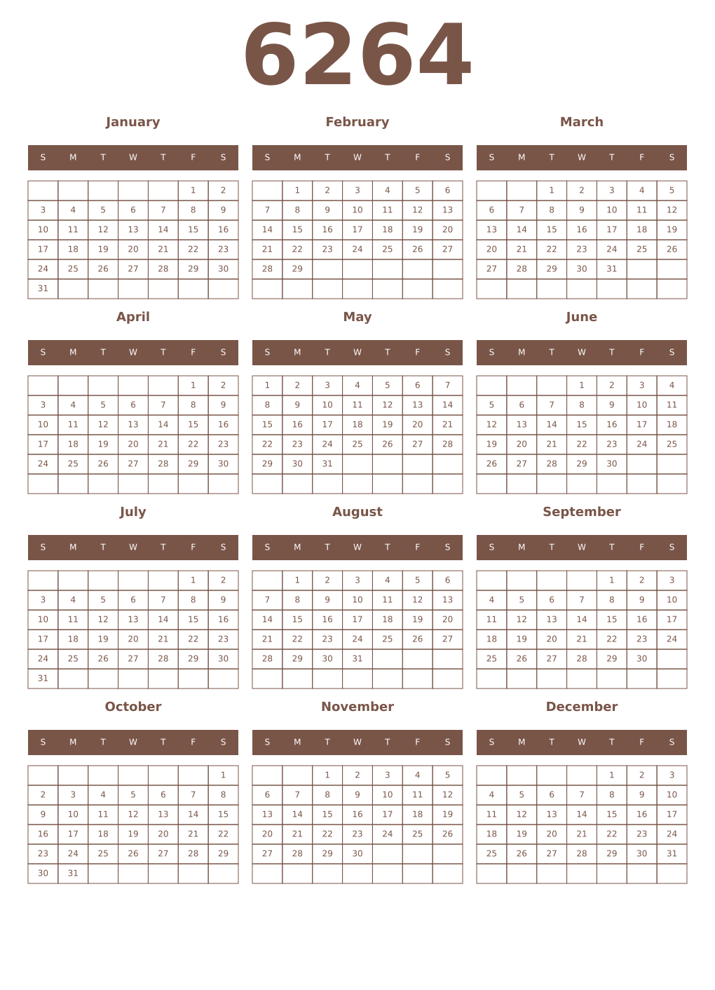 Printable 6264 Year Calendars coffe
