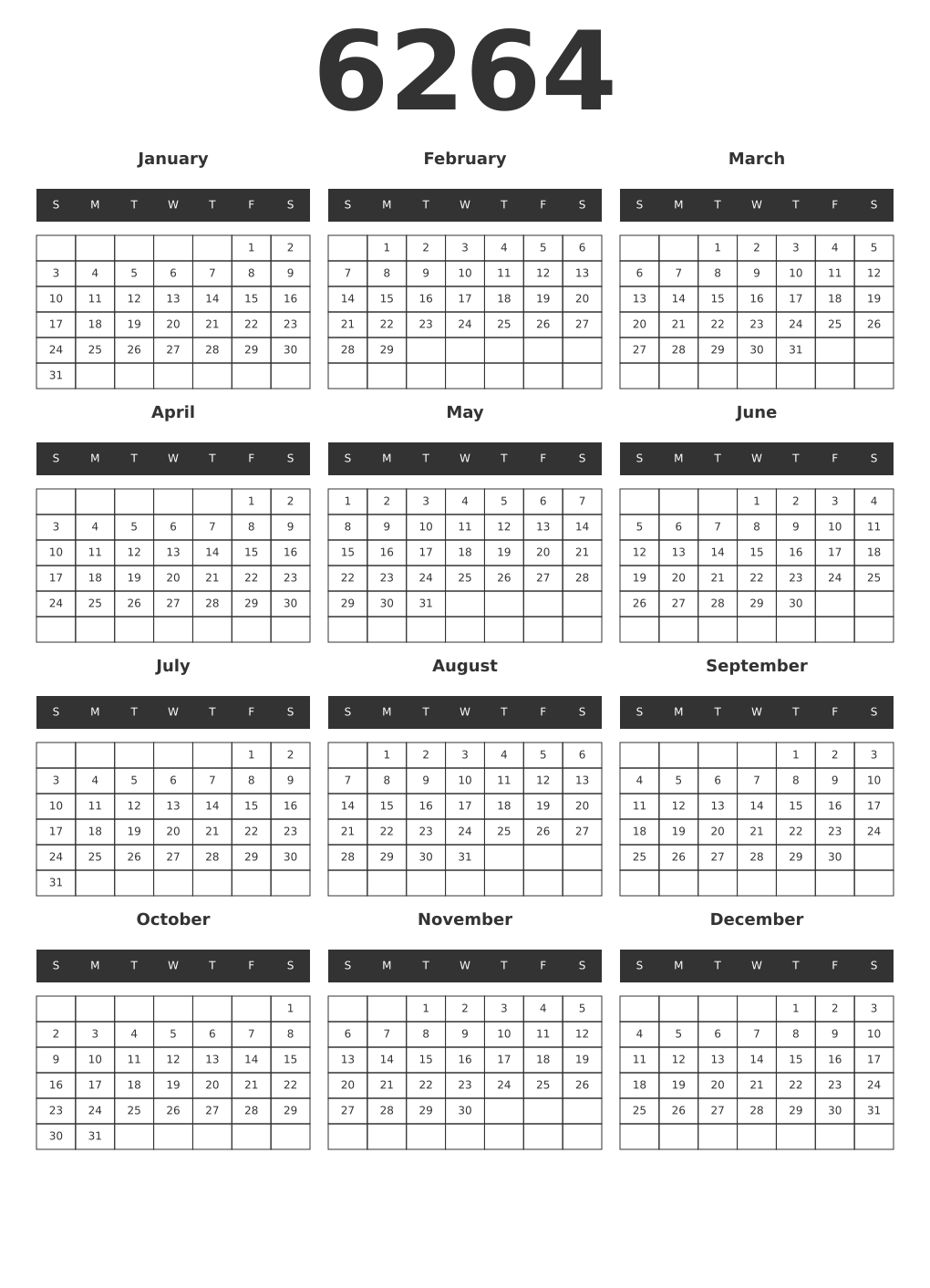 Printable 6264 Year Calendars dark